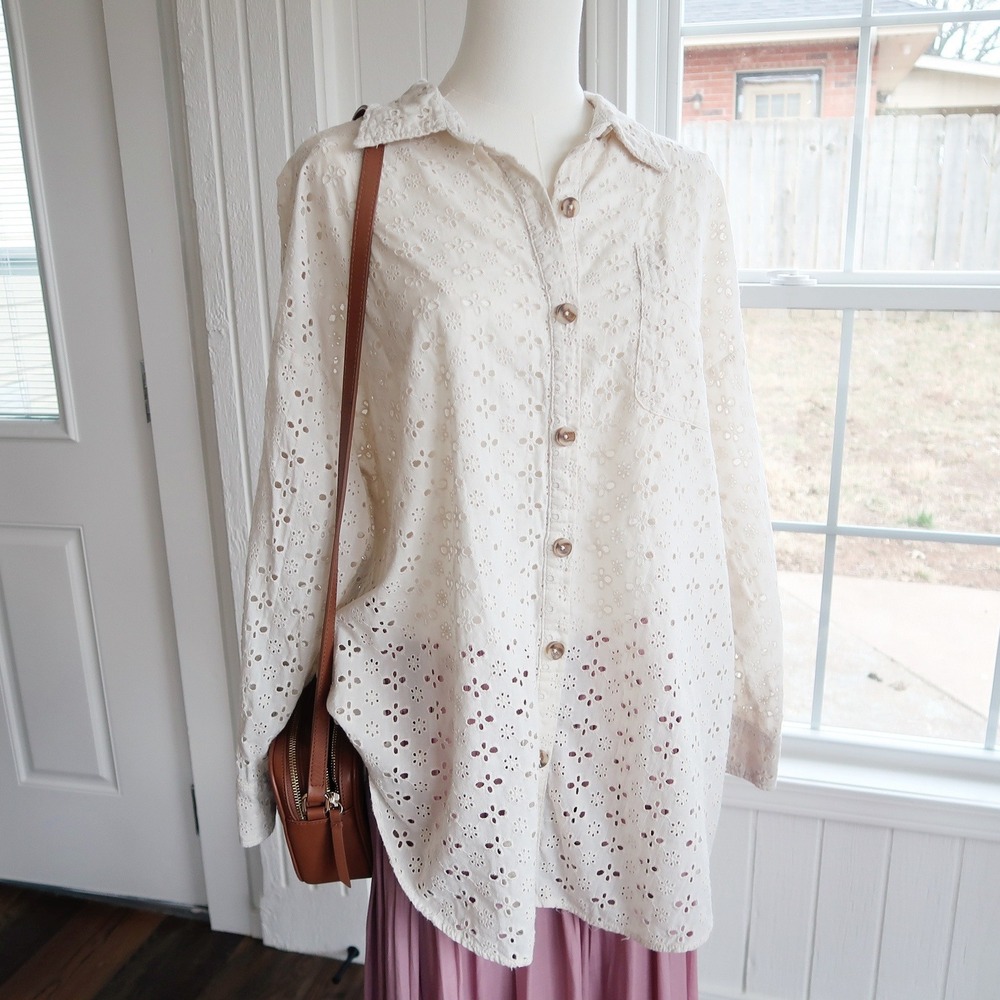 Maurices Women Eyelet Lace Button Top 0X White Cottagecore Boho Cotton Shirt